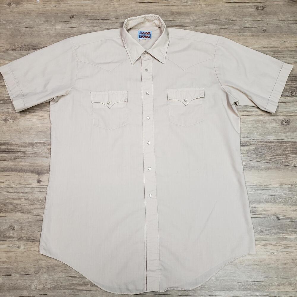 Pardners Shirt Mens XL Beige Solid Short Sleeve Pearl Snap Western Casual